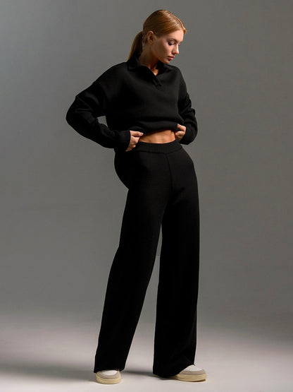 Simple Loose Solid Collar Sweater Set