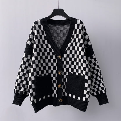 Chessboard Plaid Sweater Knitted Cardigan