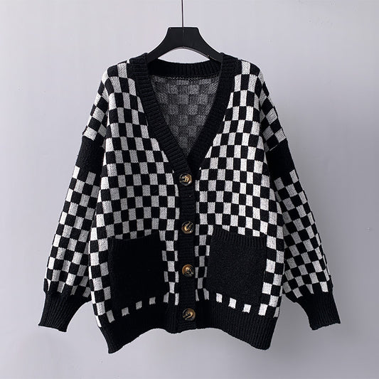 Chessboard Plaid Sweater Knitted Cardigan