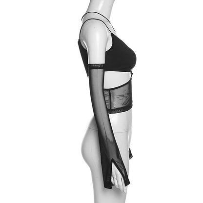 Slim Fit Midriff-baring Hollowed-out Mesh Shirt