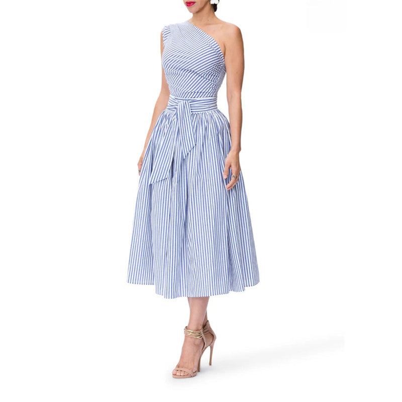 One Shoulder Striped Midi Dress