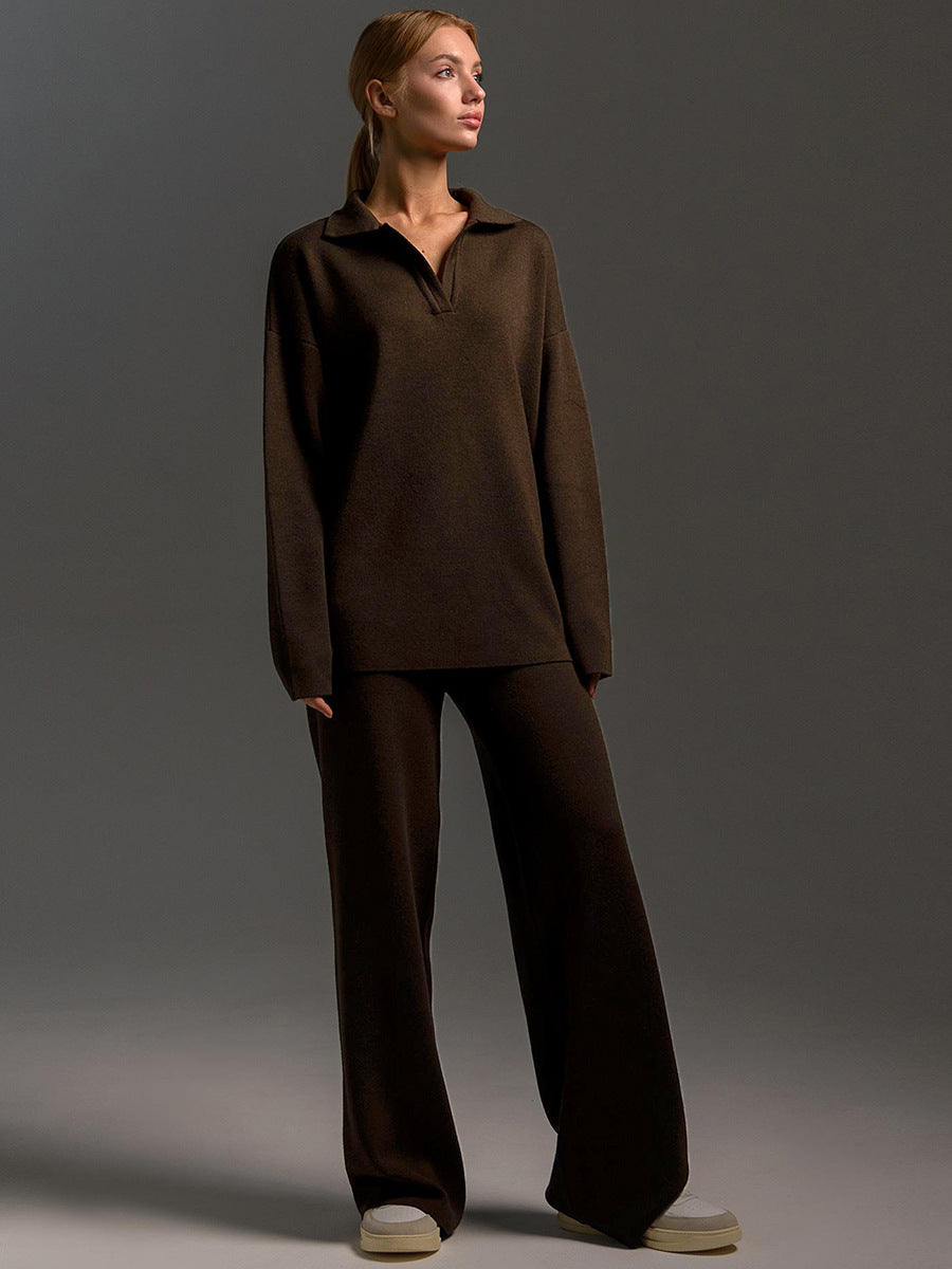 Simple Loose Solid Collar Sweater Set
