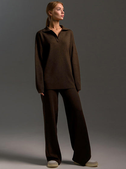 Simple Loose Solid Collar Sweater Set