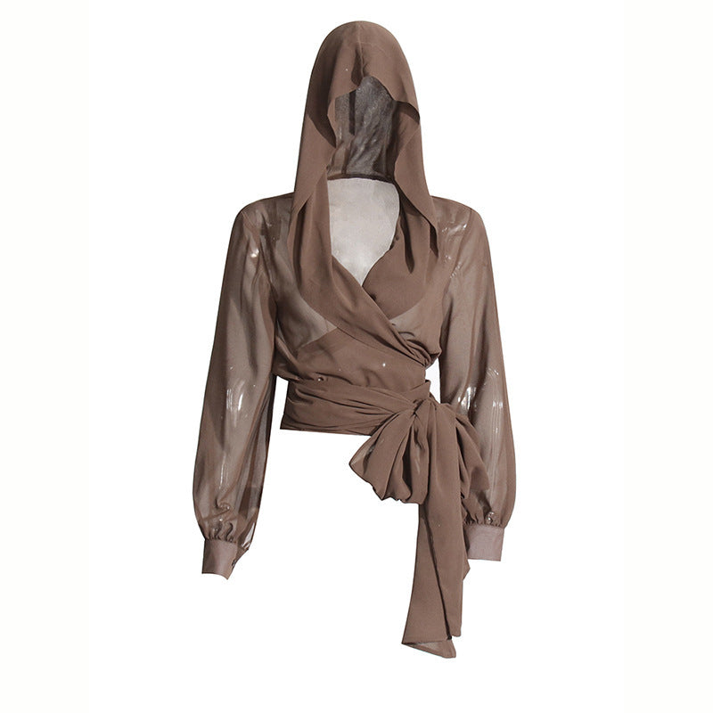 Mesh See-through Hooded Top