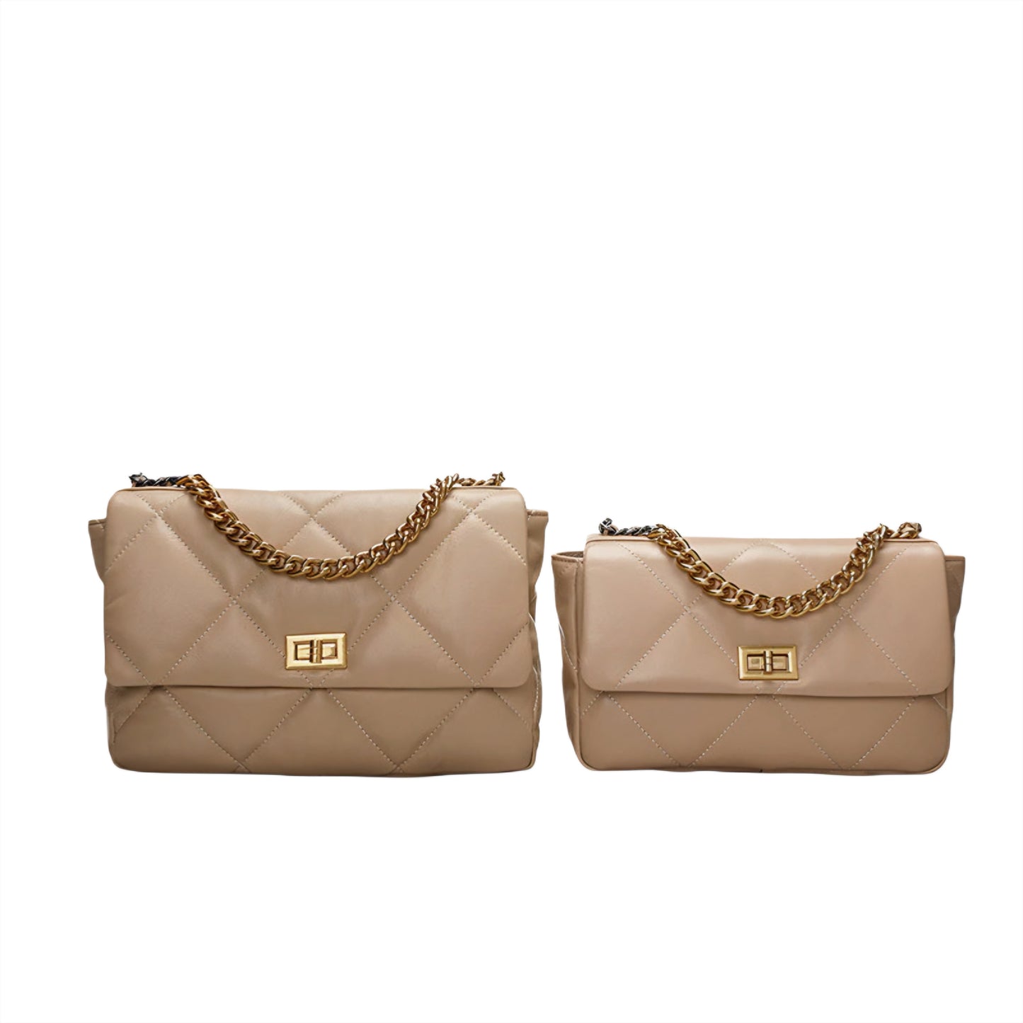 apricot/brown quilted diamond pattern handbags one large one small on a white background