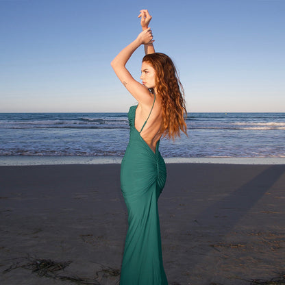 Backless Pleated Sheath Long Dress