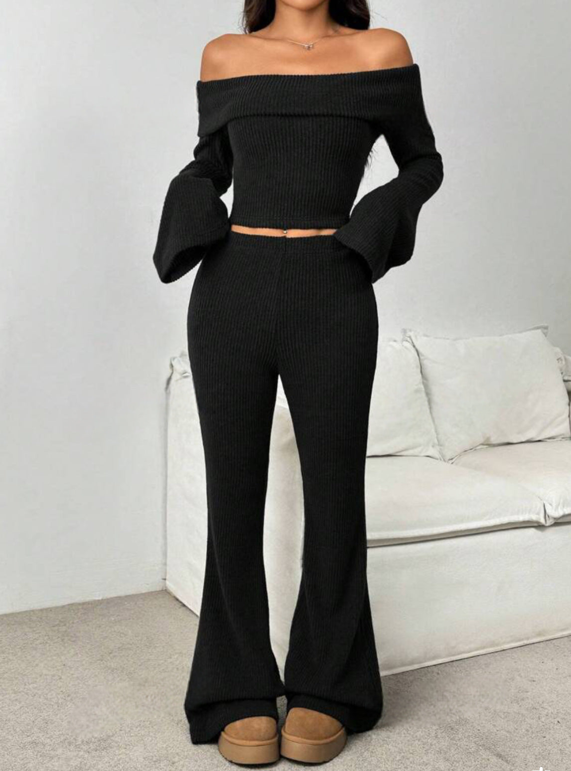 Off-neck Long-sleeve Knit Set