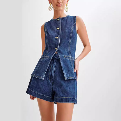 Denim Top And High Waist Shorts Set