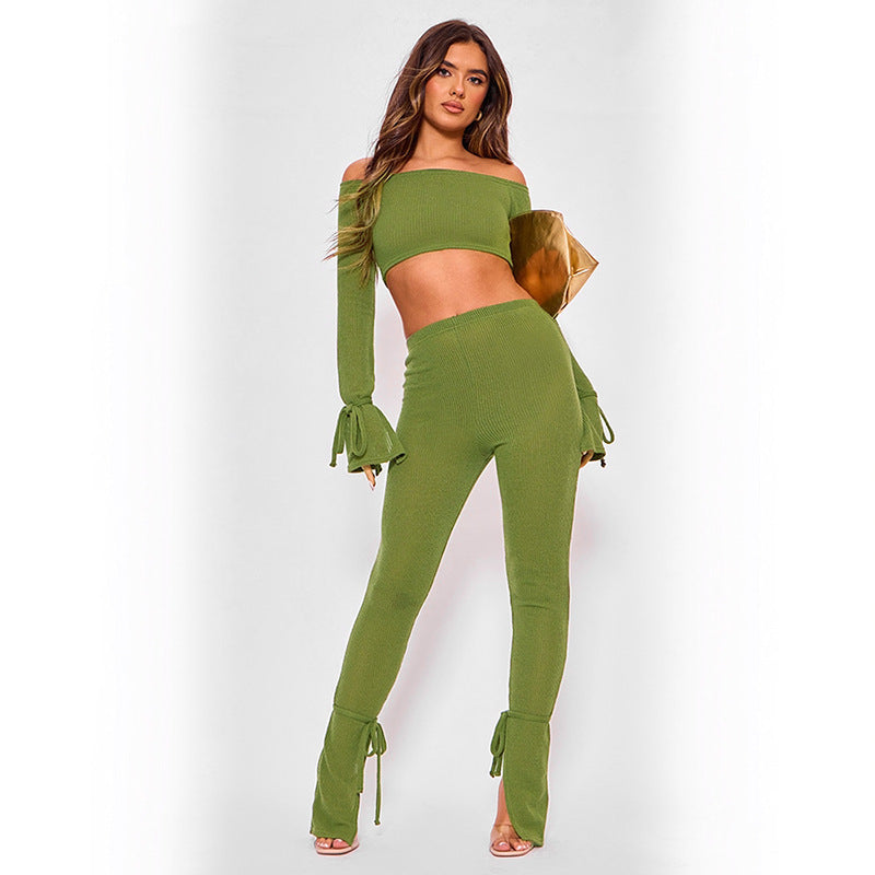 Off-the-shoulder Crop Lace Up Pant Set