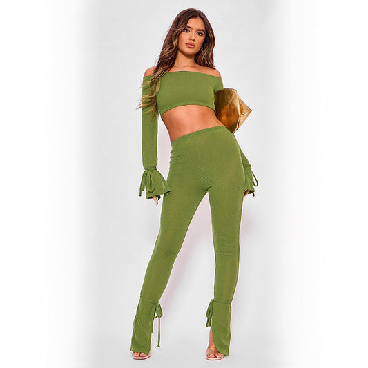 Off-the-shoulder Crop Lace Up Pant Set