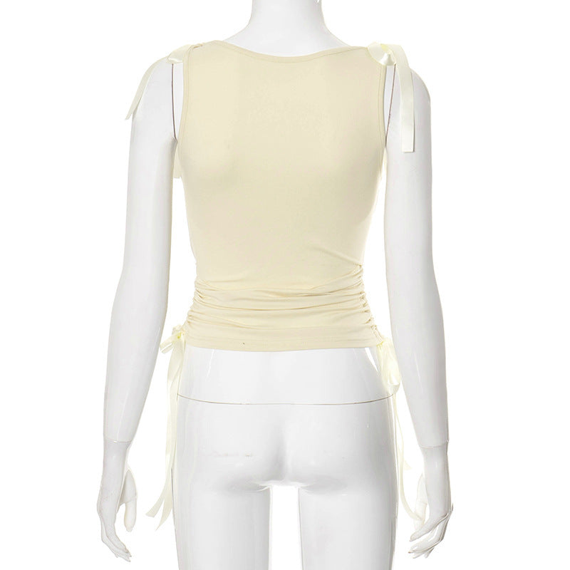 Navel Solid Ribbon Drawstring Top