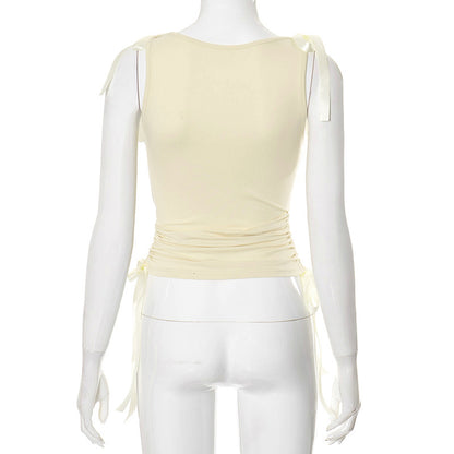 Navel Solid Ribbon Drawstring Top