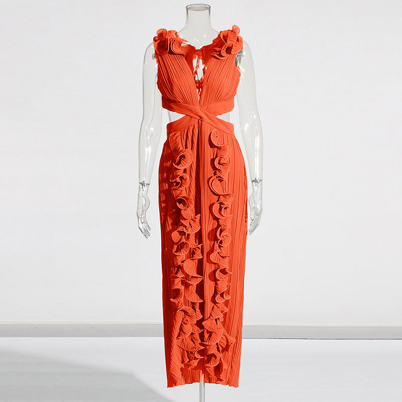 Ruffled Pleated High Slit Dress