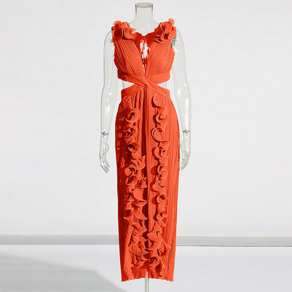 Ruffled Pleated High Slit Dress