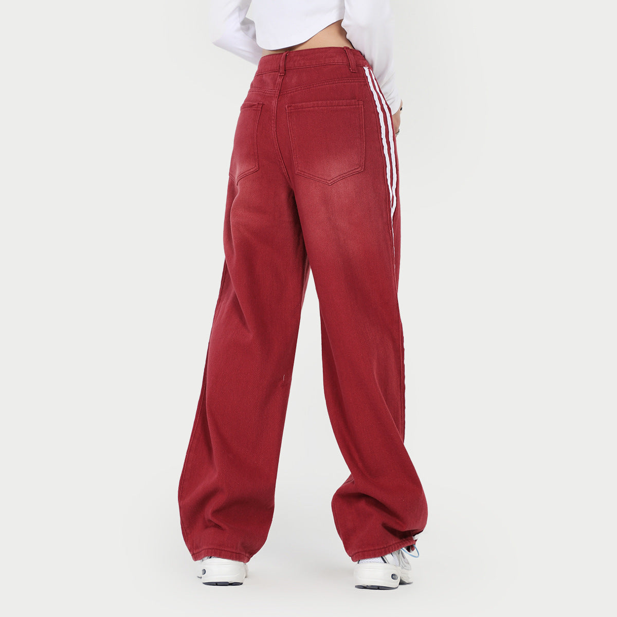Red Slimming Edge Strip Lace Up Jeans