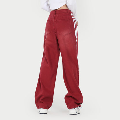 Red Slimming Edge Strip Lace Up Jeans