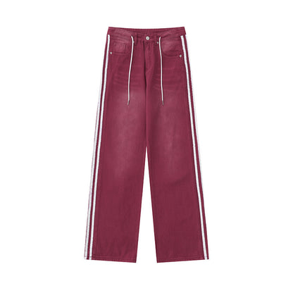 Red Slimming Edge Strip Lace Up Jeans