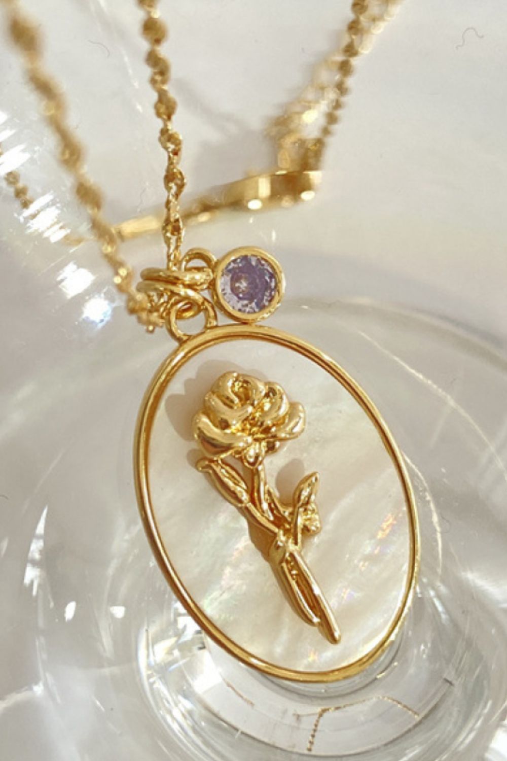14K gold plated mother of pearl pendant necklaces with feminine floral design
