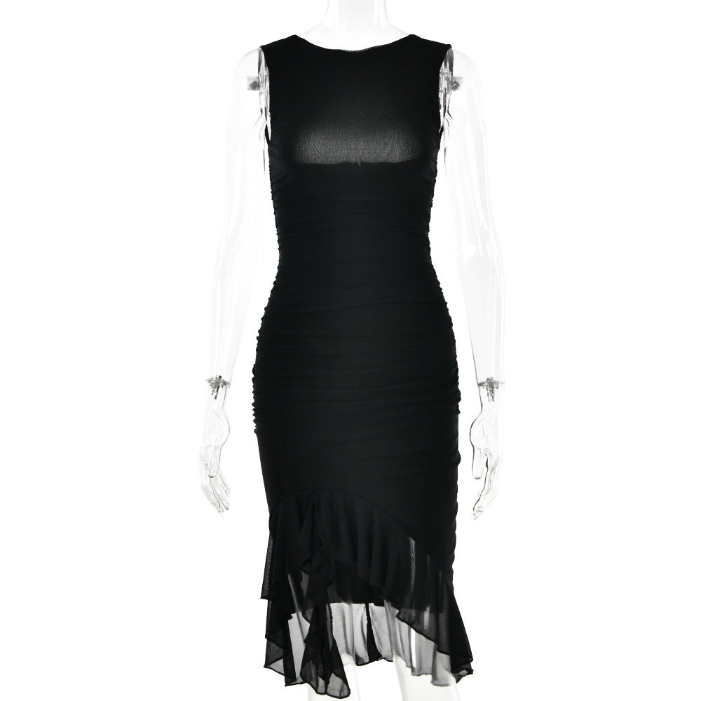 Slim Ruffled Sleeveless Dress