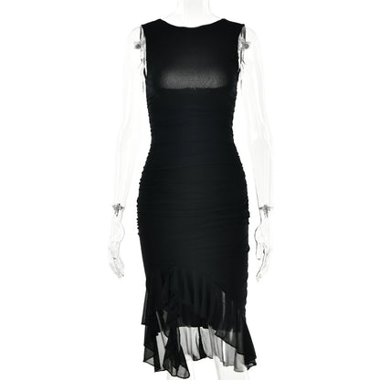 Slim Ruffled Sleeveless Dress