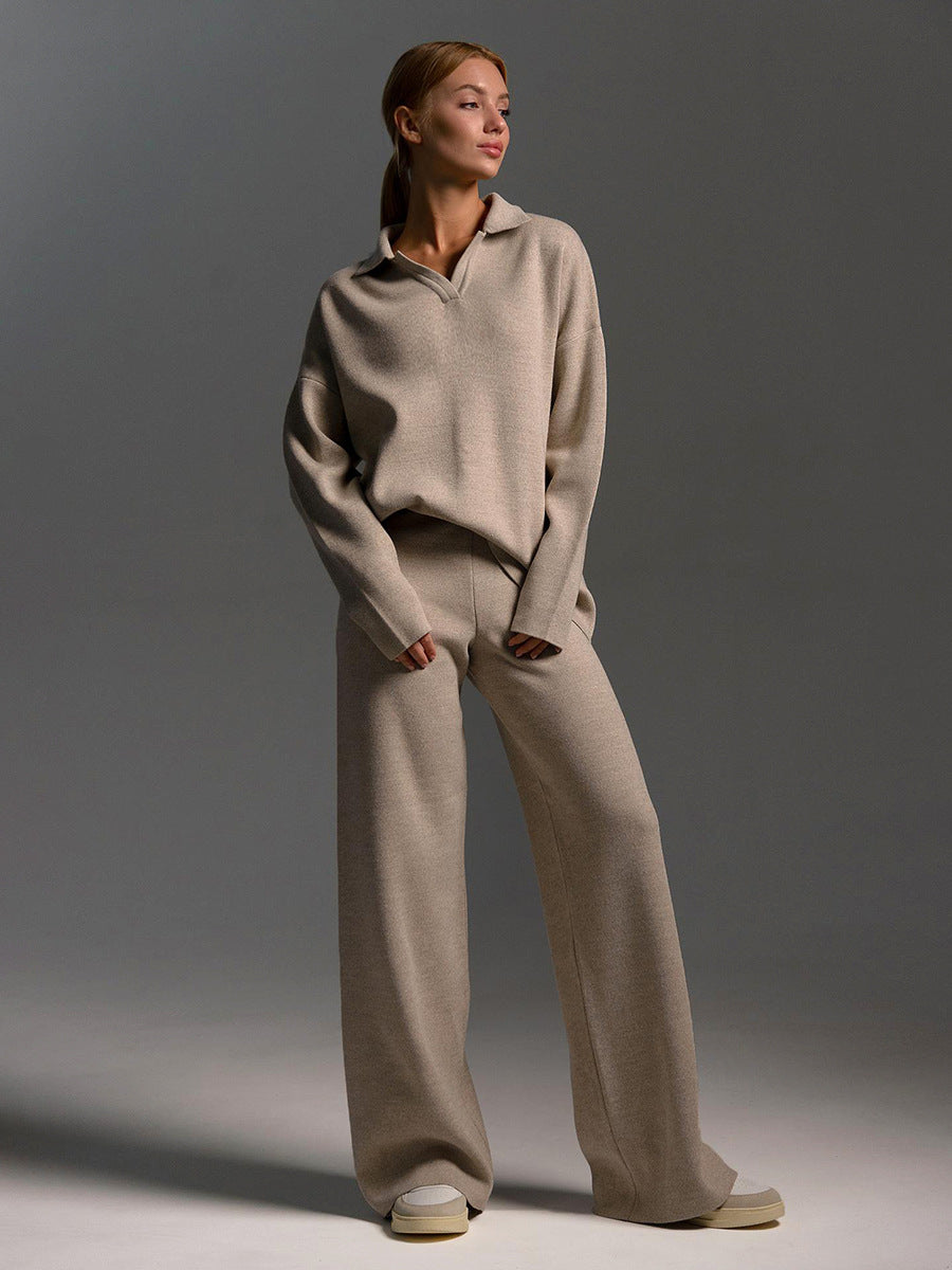 Simple Loose Solid Collar Sweater Set