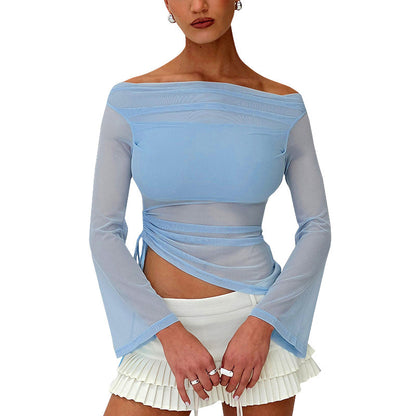 Solid Long-sleeved Off-shoulder Top