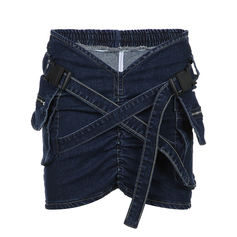 Cross Buckle V-shaped Denim Skirt