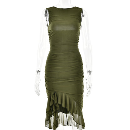 Slim Ruffled Sleeveless Dress