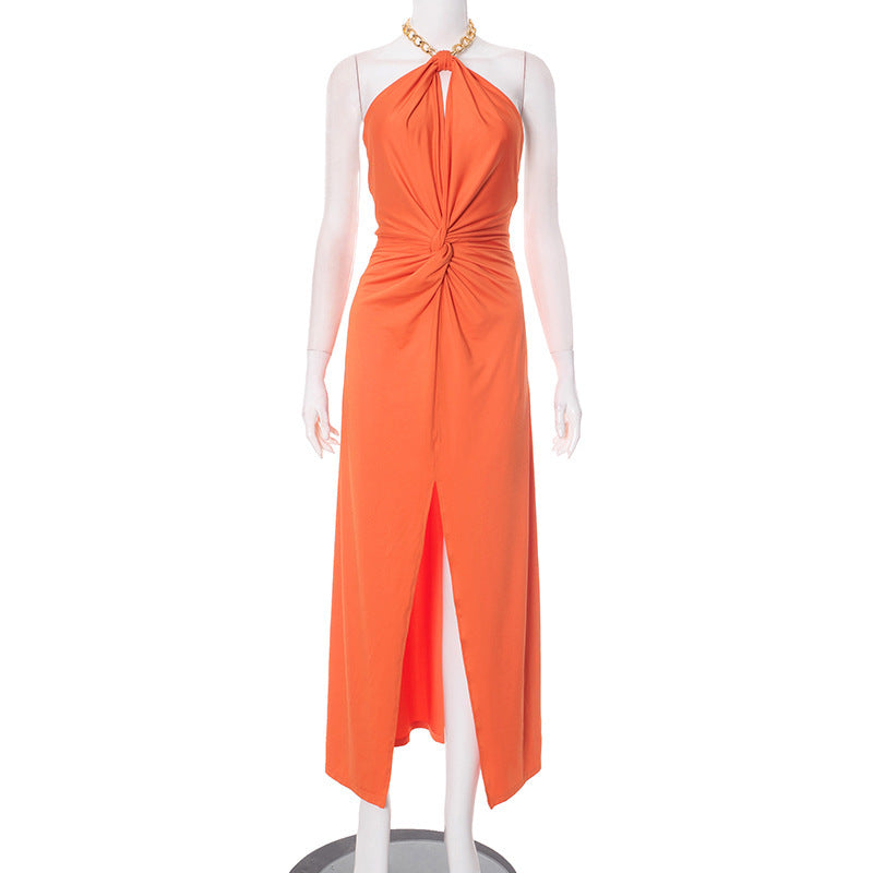 Chain Neck Backless Slit Dress