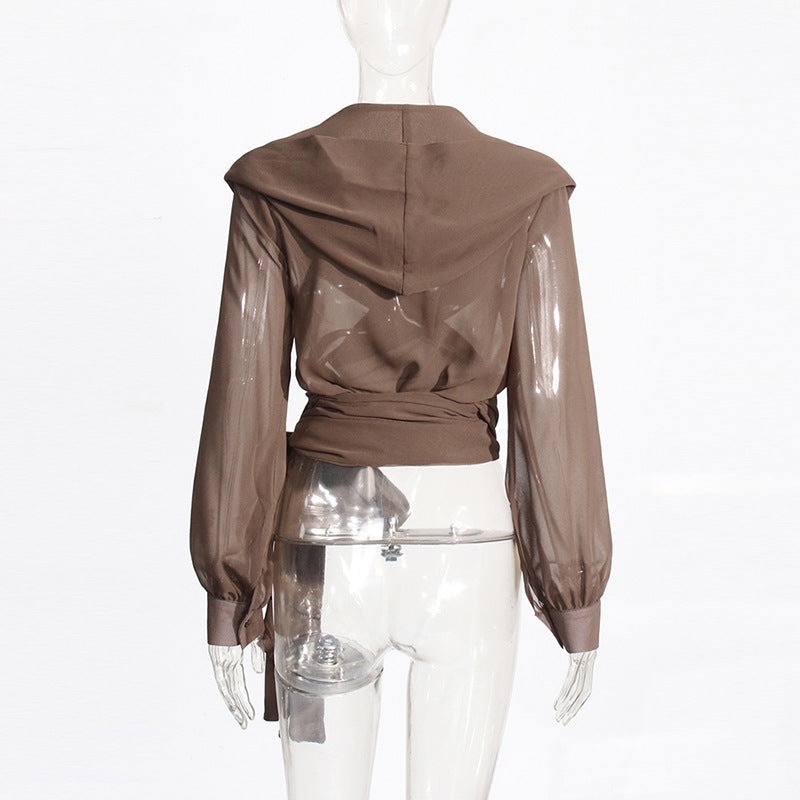 Mesh See-through Hooded Top