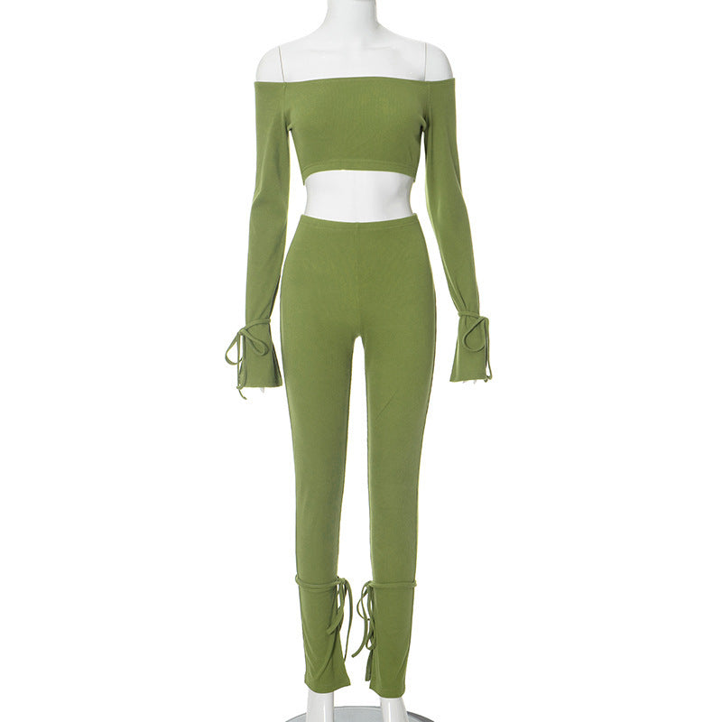 Off-the-shoulder Crop Lace Up Pant Set