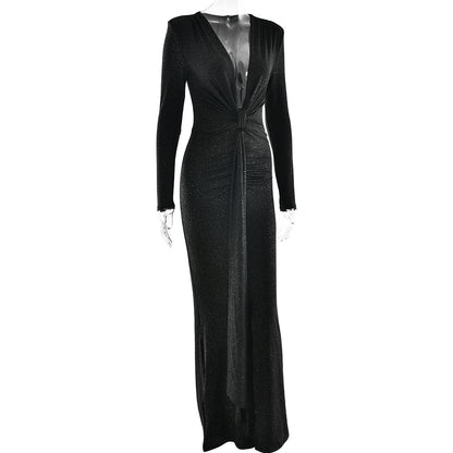Deep V-neck Ribbon Fitting Dress