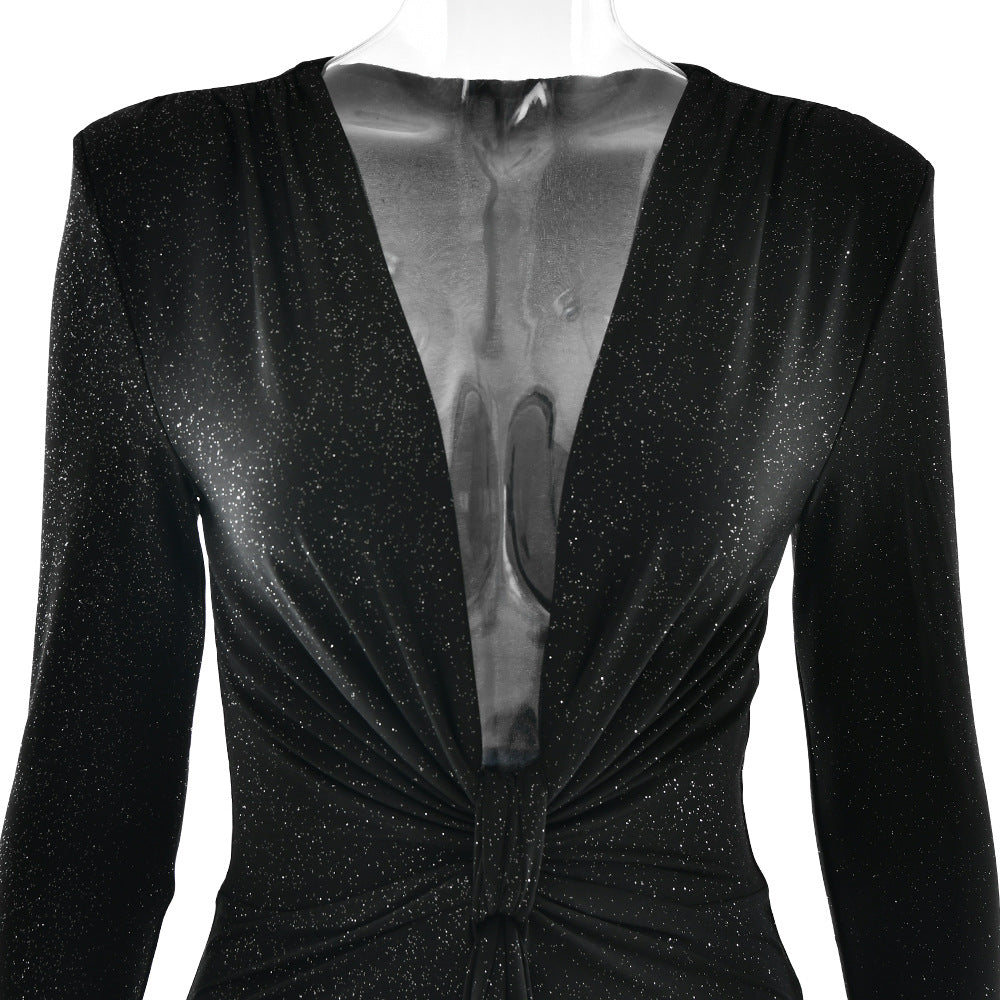 Deep V-neck Ribbon Fitting Dress