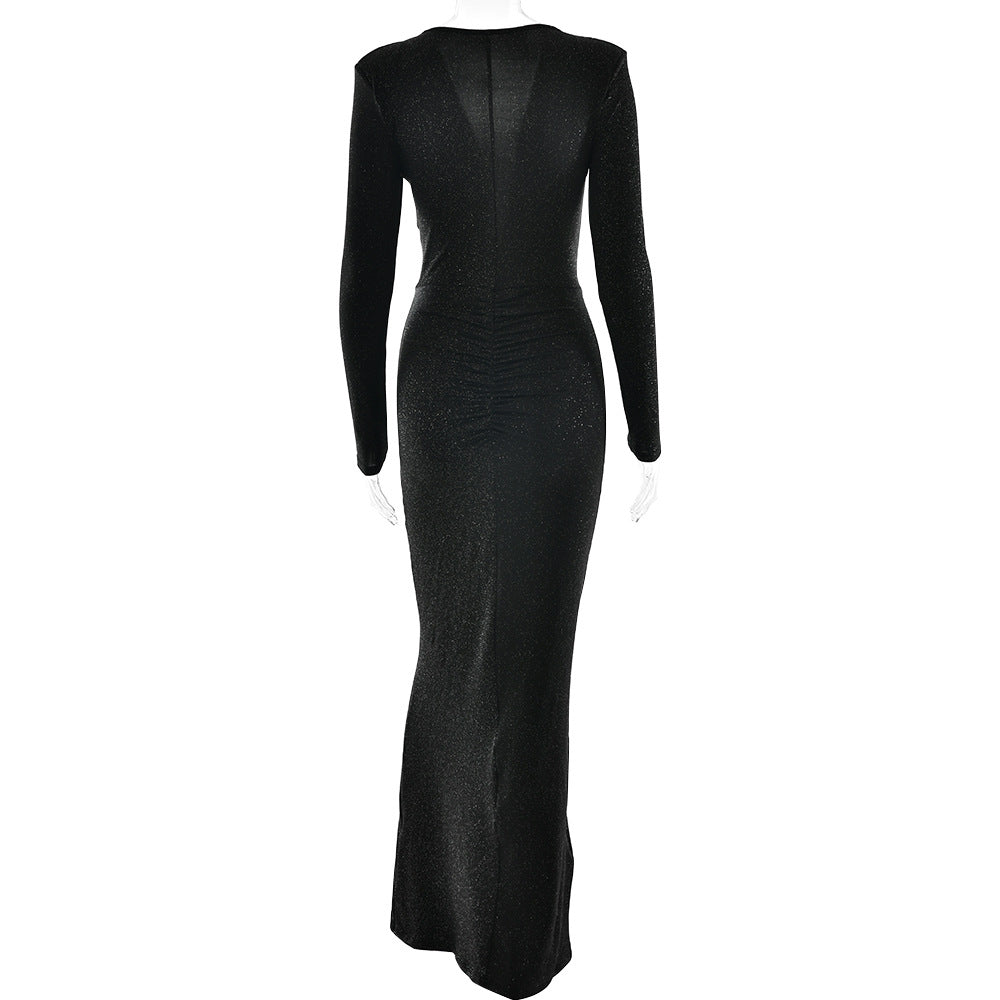 Deep V-neck Ribbon Fitting Dress
