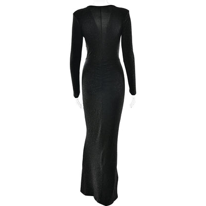 Deep V-neck Ribbon Fitting Dress