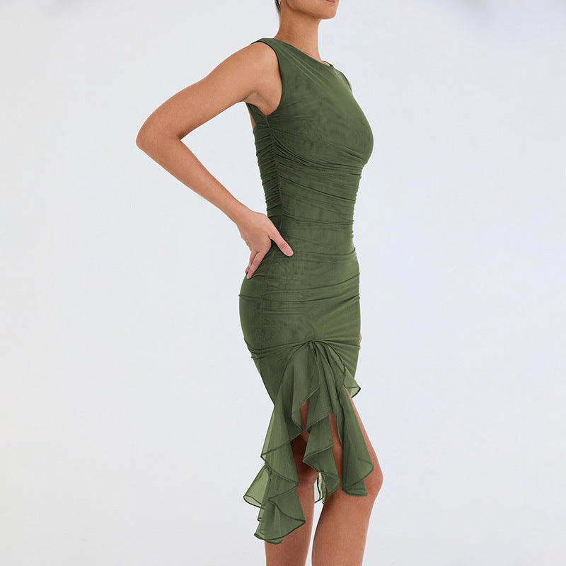 Slim Ruffled Sleeveless Dress