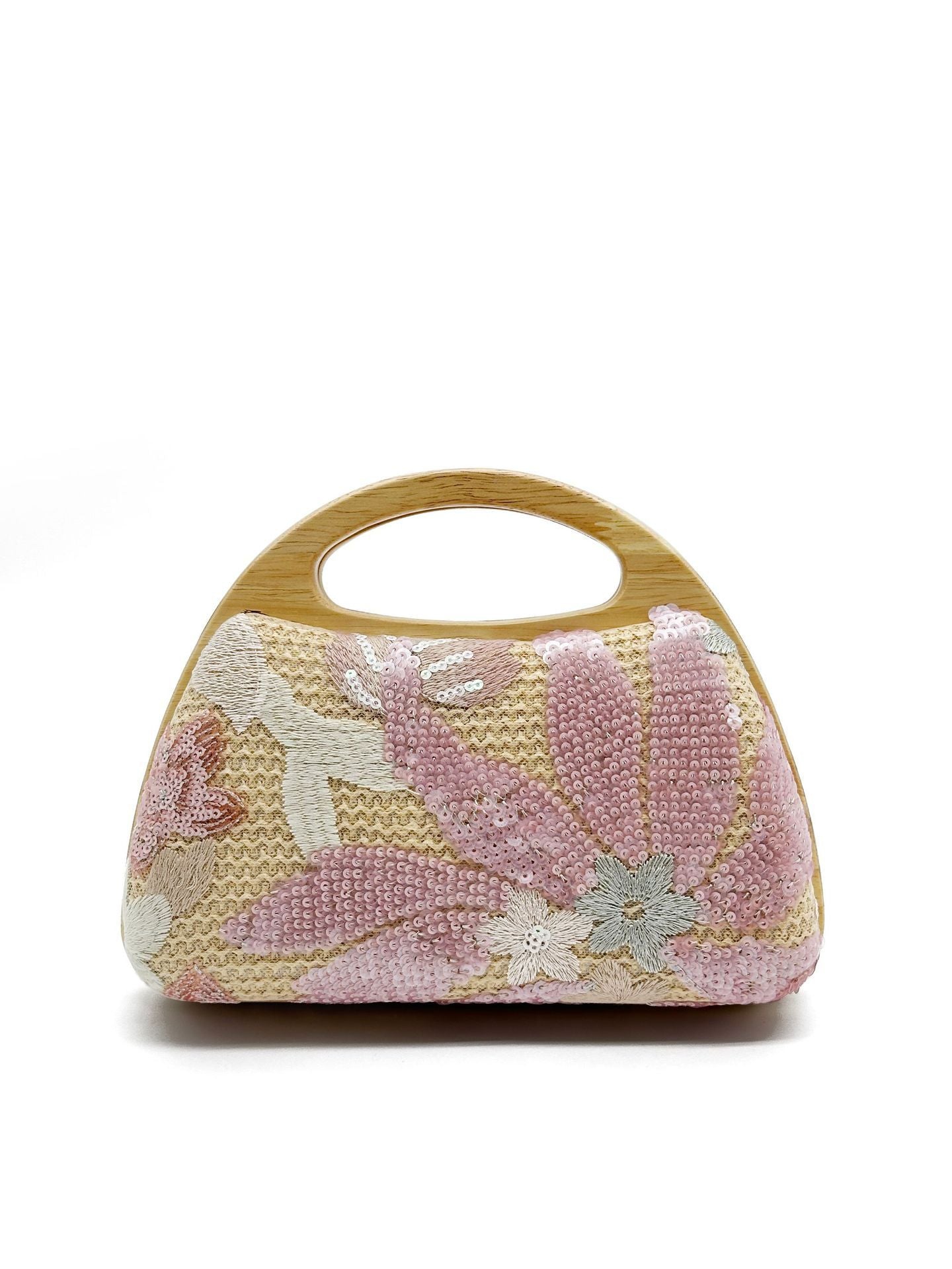 Wooden Handle Straw Sequins Handbag
