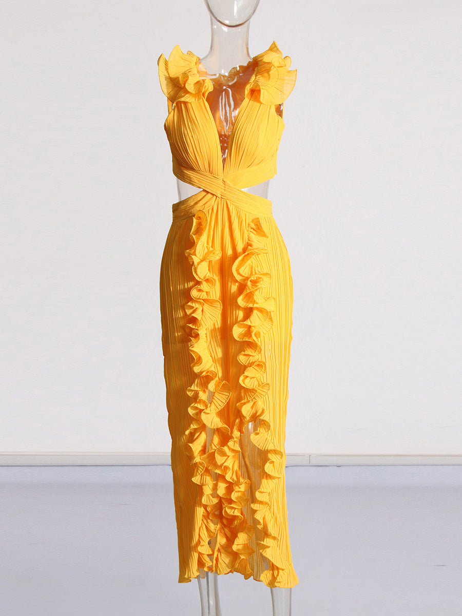 Ruffled Pleated High Slit Dress