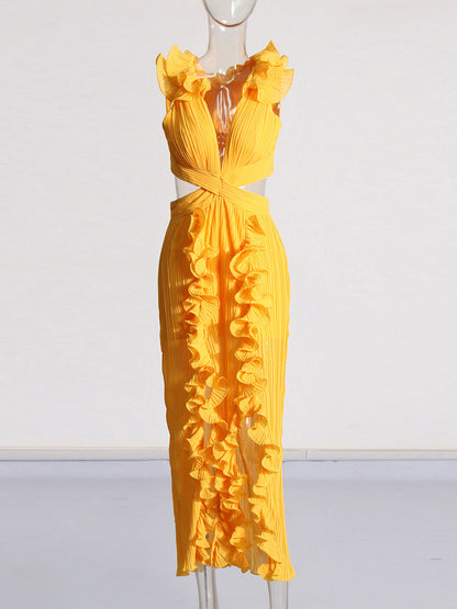 Ruffled Pleated High Slit Dress