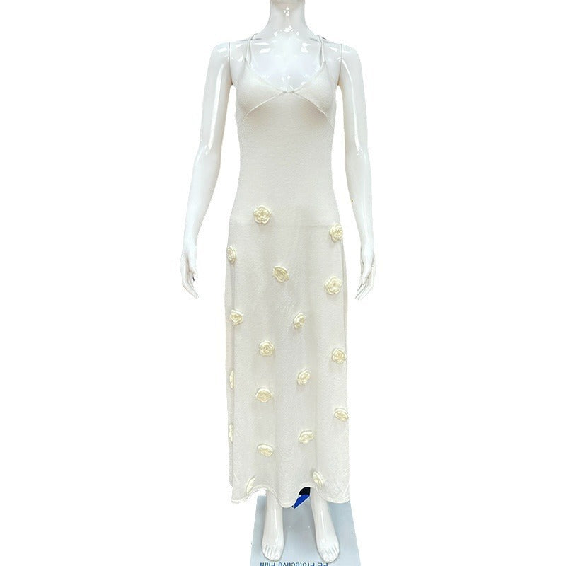 Flower Knitted Backless Lace-up Dress
