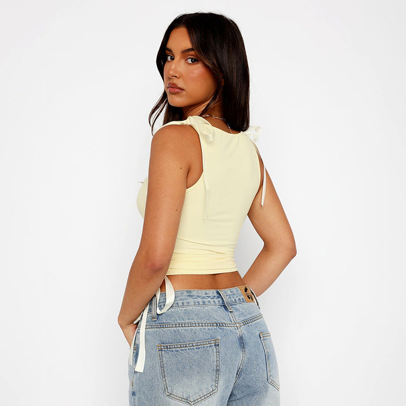 Navel Solid Ribbon Drawstring Top