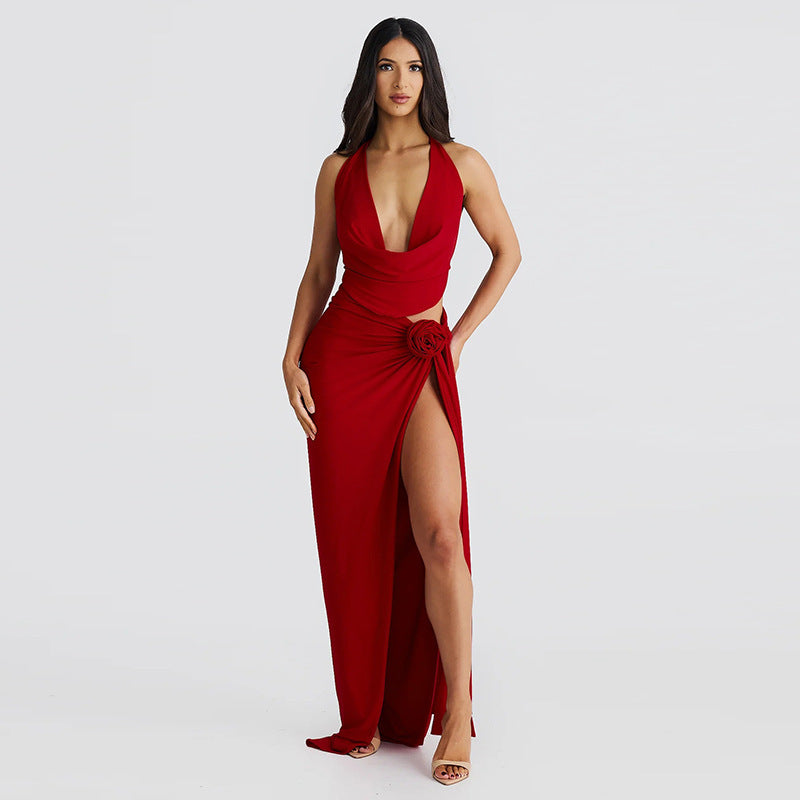Deep V-neck Halter High Slit Skirt Set
