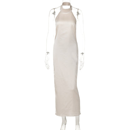 Sleeveless Halter Backless Satin Dress