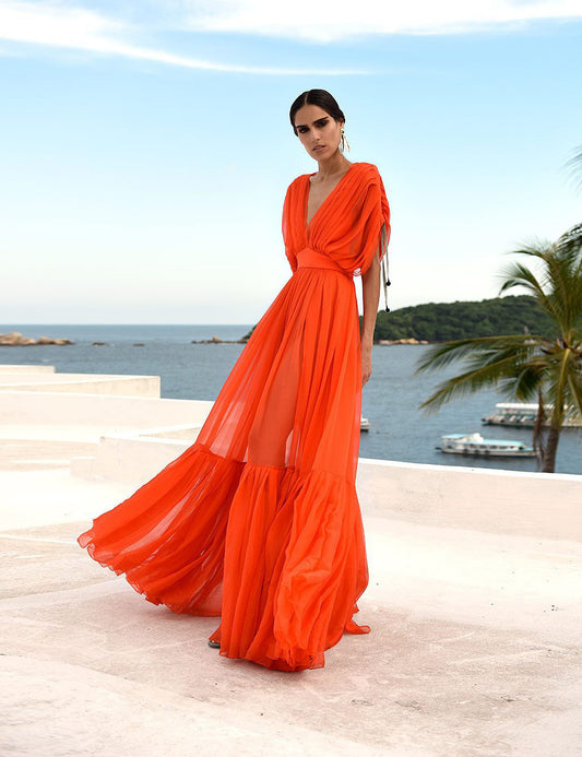 Chiffon V-neck Drawstring Swing Dress