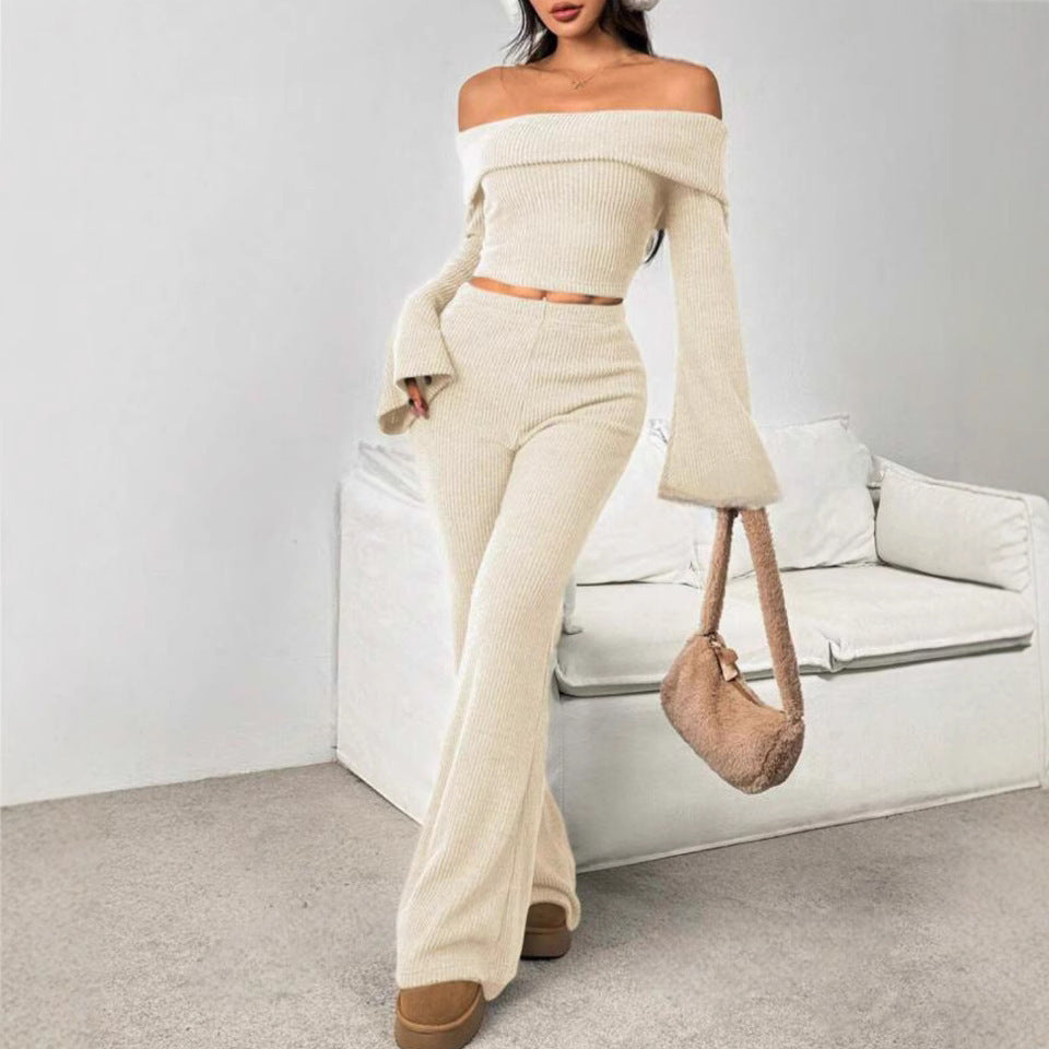 Off-neck Long-sleeve Knit Set