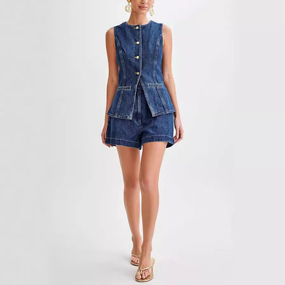 Denim Top And High Waist Shorts Set