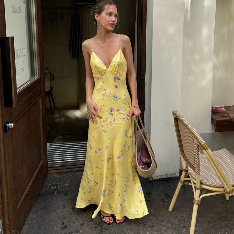 Sleeveless Deep V Print Dress
