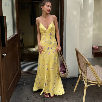 Sleeveless Deep V Print Dress