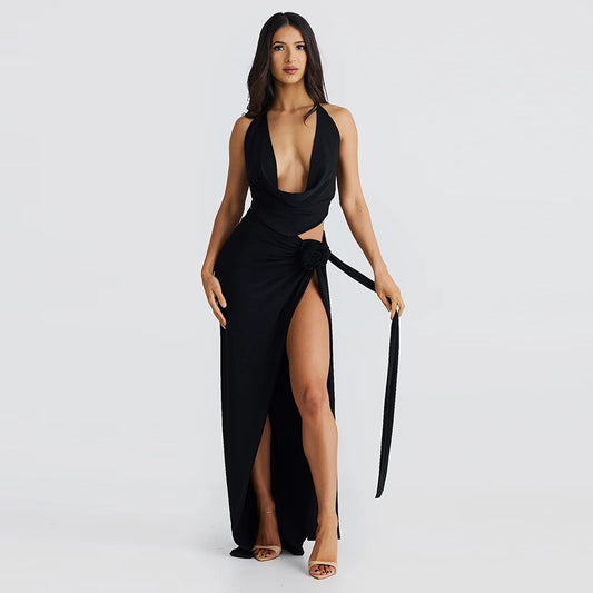 Deep V-neck Halter High Slit Skirt Set