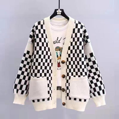 Chessboard Plaid Sweater Knitted Cardigan